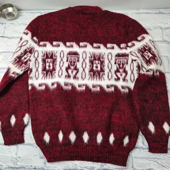 Fair Isle Red & White Fuzzy V-neck Cozy Sweater Stretchy size Small - Picture 11 of 12